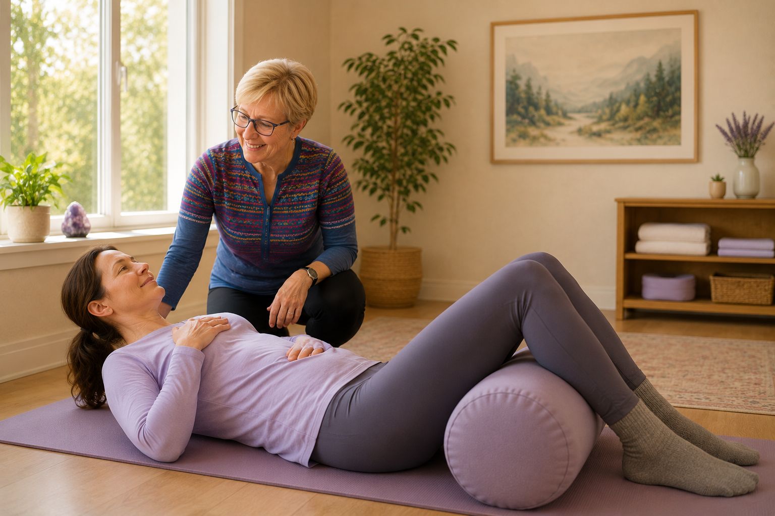 A woman rests with a bolster under her knees while a physical therapist provides gentle hands-on pelvic care.