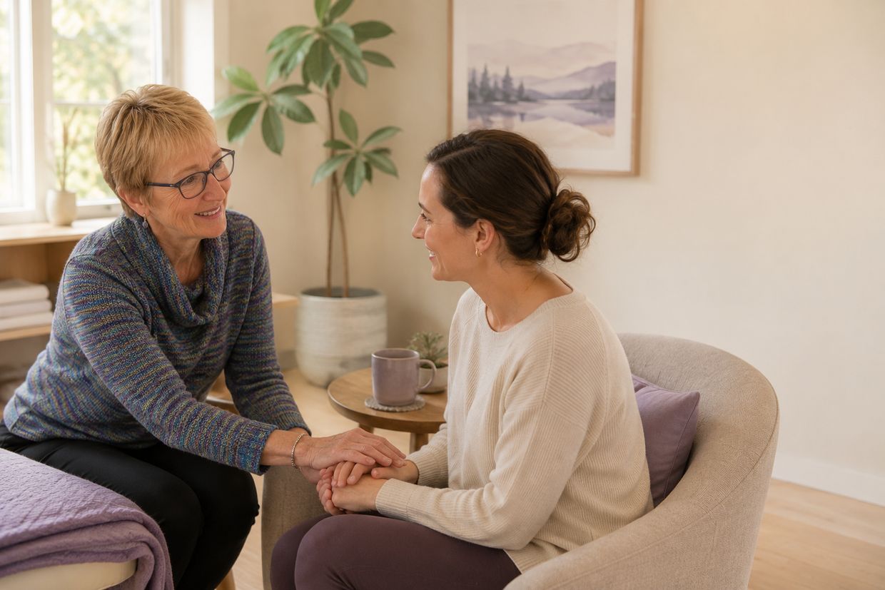 A physical therapist listens and holds a patient’s hands during a supportive consultation.