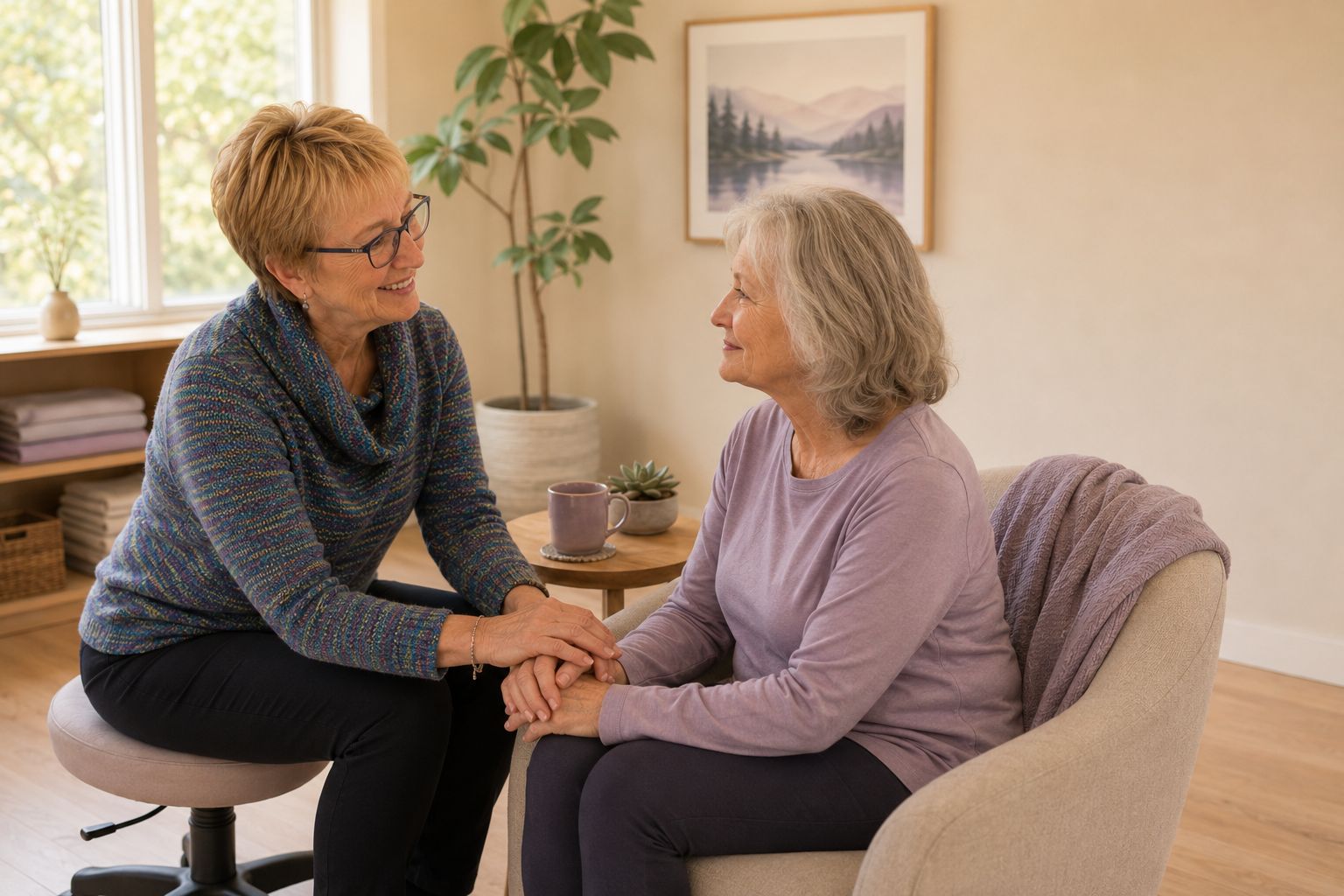 A physical therapist holds an older woman’s hands during a warm, reassuring conversation.