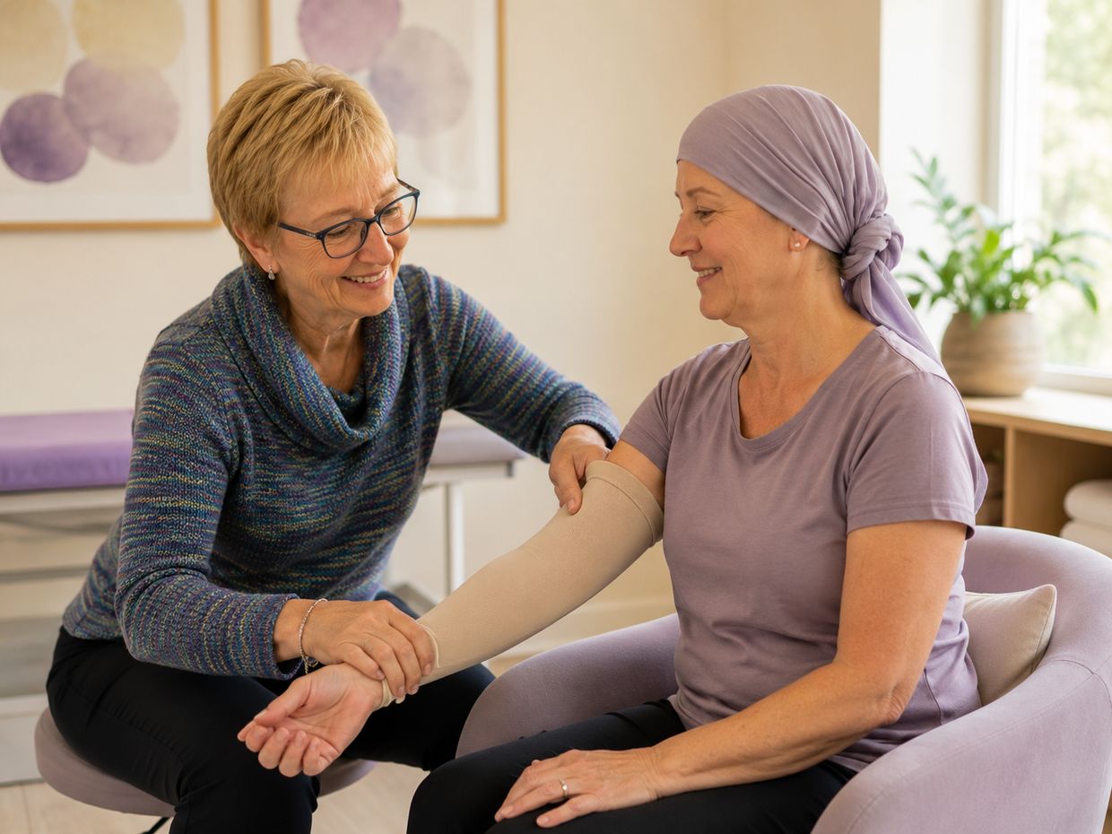 A physical therapist fits a compression sleeve on a woman in a head scarf during cancer rehabilitation.