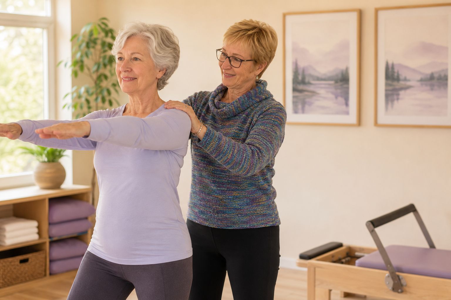 A woman practices a standing strength and posture exercise with her physical therapist’s guidance.