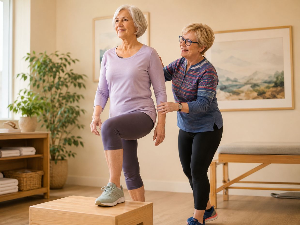 A woman does a supported step-up balance exercise to stay strong and steady through midlife.