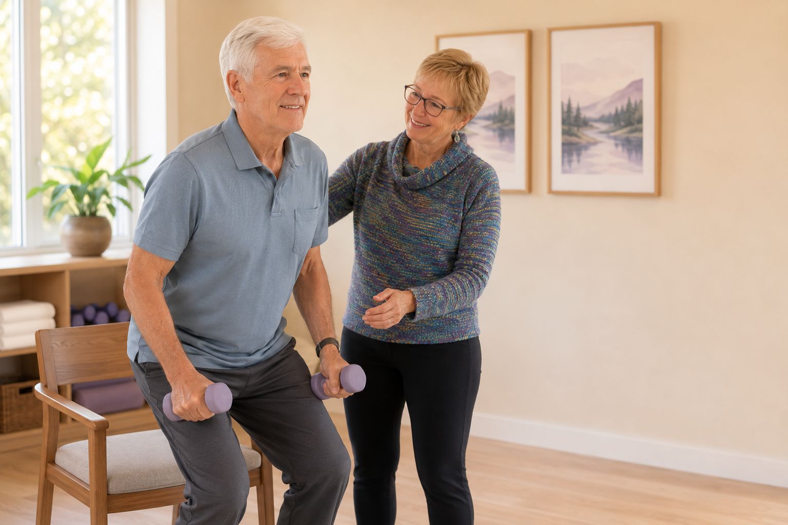 An older man builds strength with light dumbbells while his physical therapist guides his form.