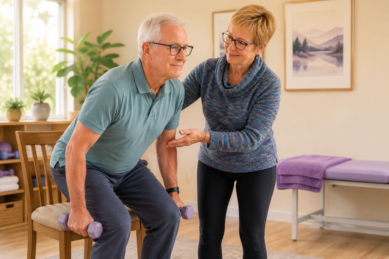 A physical therapist supports an older man through a seated strength exercise with hand weights.