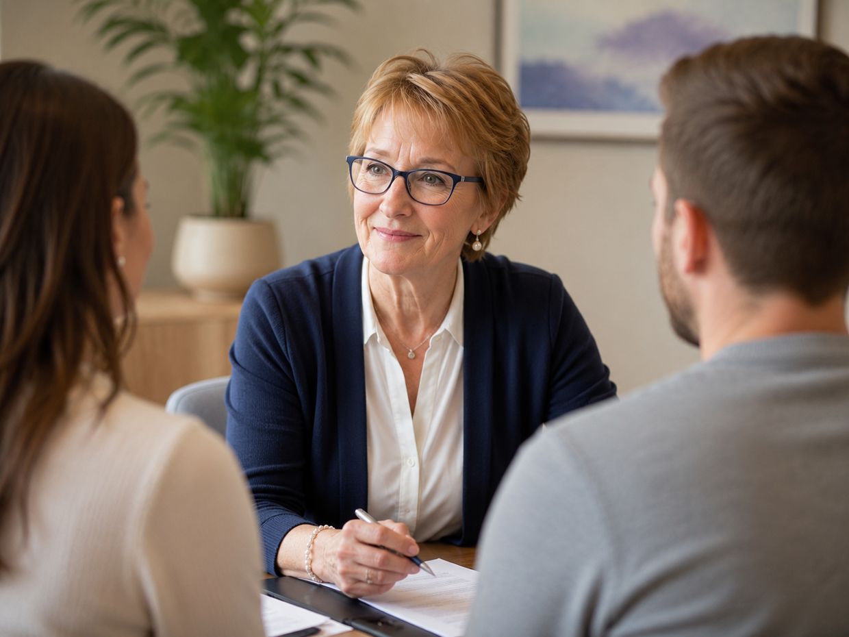A physical therapist reviews a care plan with two patients at her desk.