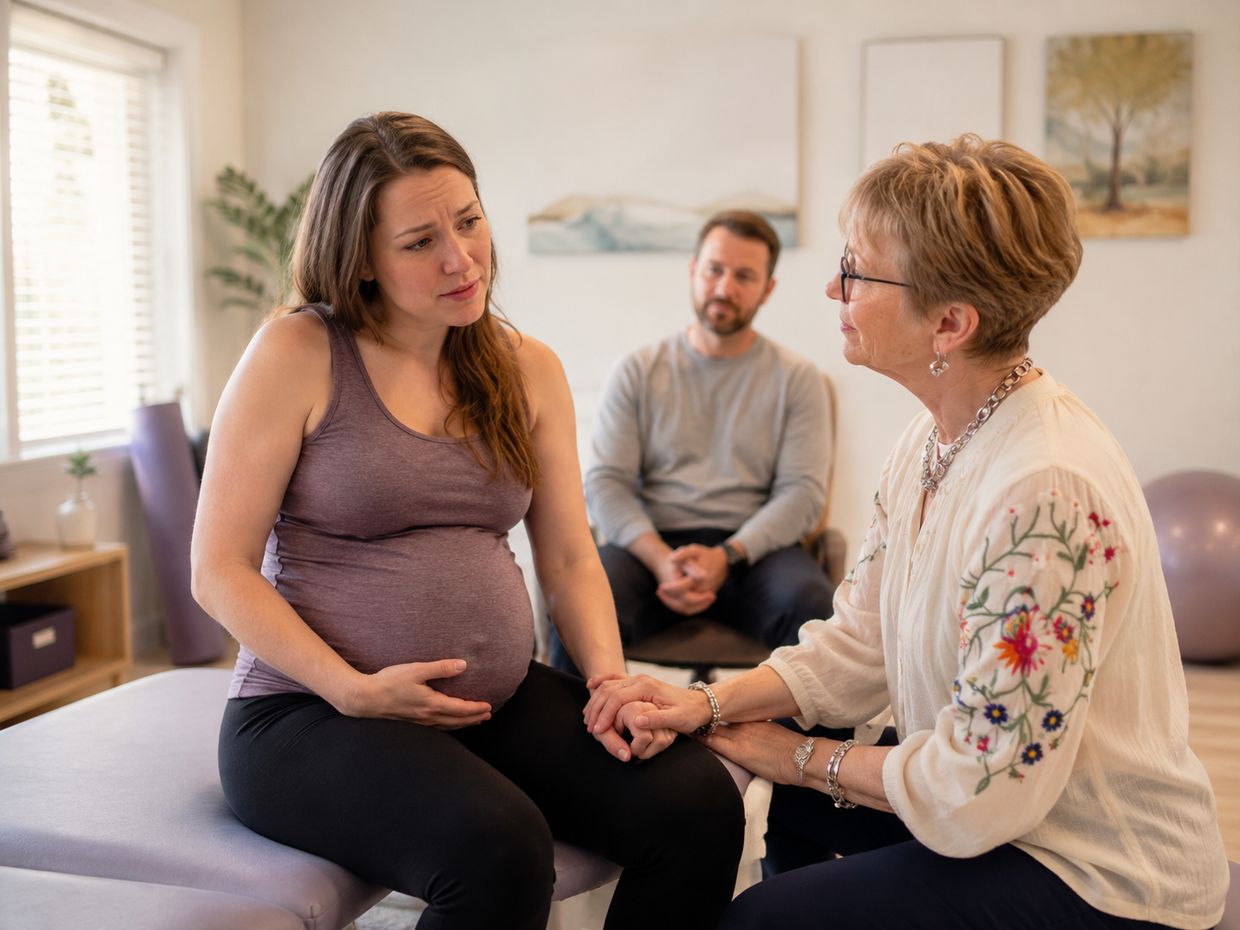 A physical therapist talking with a pregnant patient during a consultation.