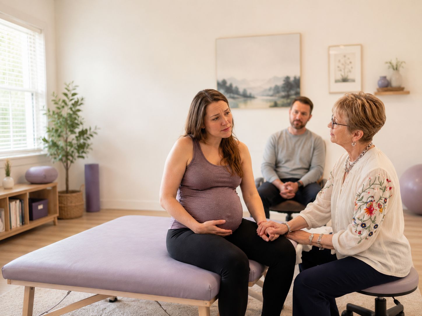A physical therapist holds a pregnant patient’s hand during a supportive consultation, her partner seated nearby.